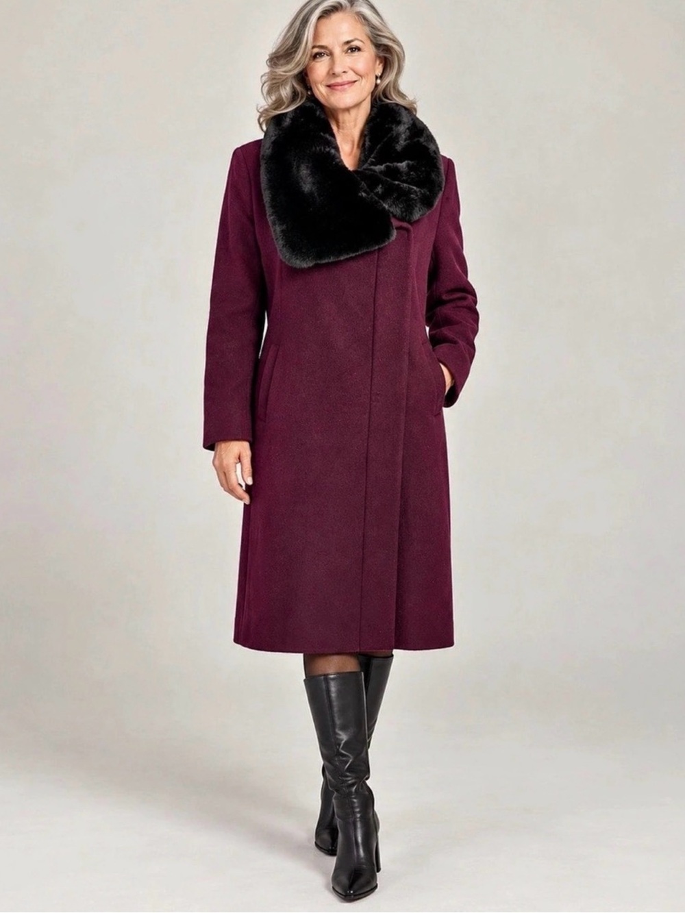 DKNY Asymmetrical Faux Fur Collar Wool Blend Coat Rich Plum Size L